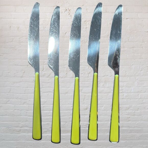 Vintage Fiesta Japan W-16 Stainless Steel Knives Set of 5 Green Handles MCM - Picture 4 of 6